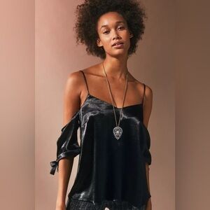 UO Silence + Noise Blue Shiny Cold Shoulder Tie Top